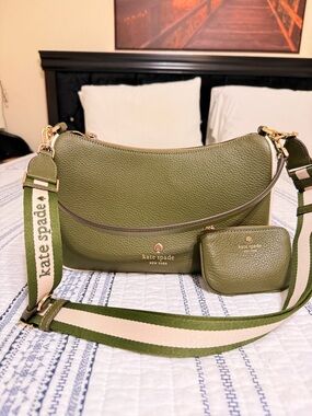 kate spade Olive Green Pebbled Leather Crossbody with Striped Logo Strap